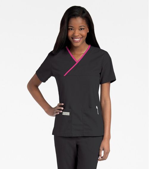 CRISSCROSS V-NECK WITH TWO POCKETS-BLACK WITH PRIMROSE: 9534-BKPRP