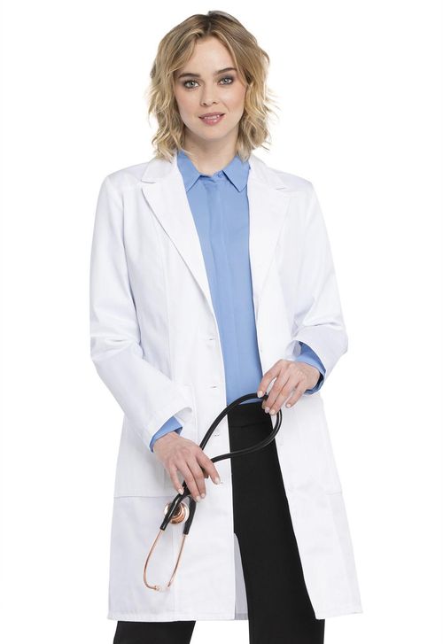 Women's Notched Collar Lab Coat-WHITE: 2319-WHTC
